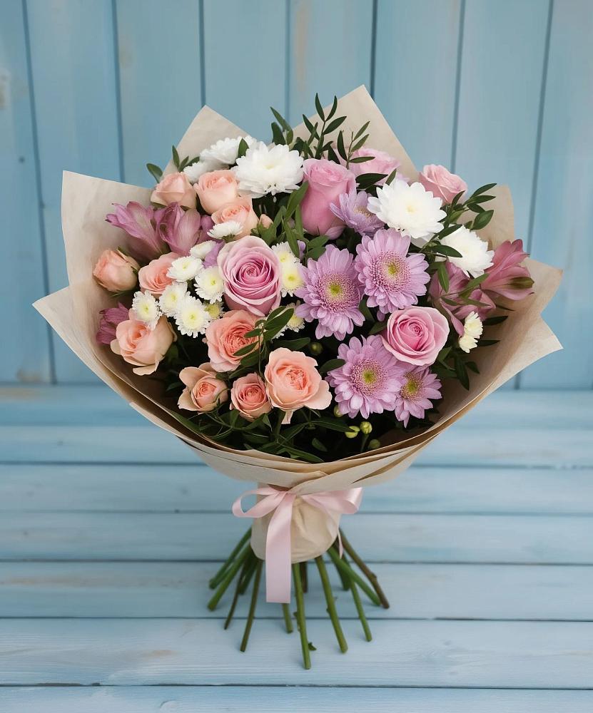 Букет цветов из: Хризантемы, Розы и Альстромерии в Иланском