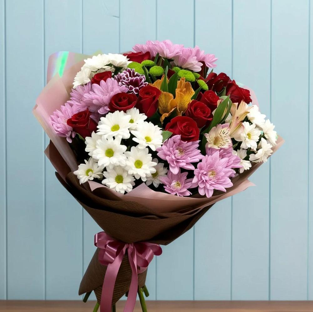 Букет цветов из: Розы, Хризантемы и Альстромерии в Иланском