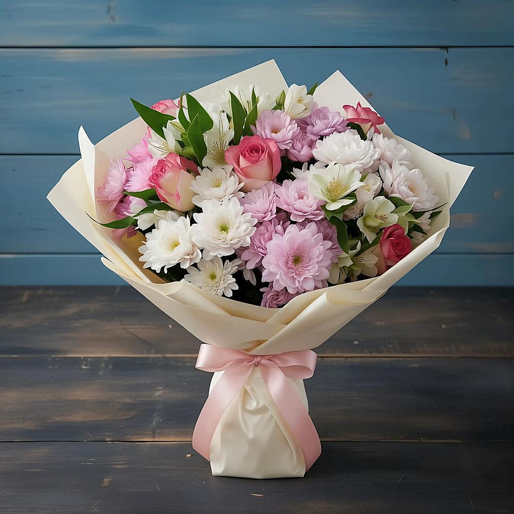 Букет цветов из: Хризантемы, Альстромерии и Розы в Иланском